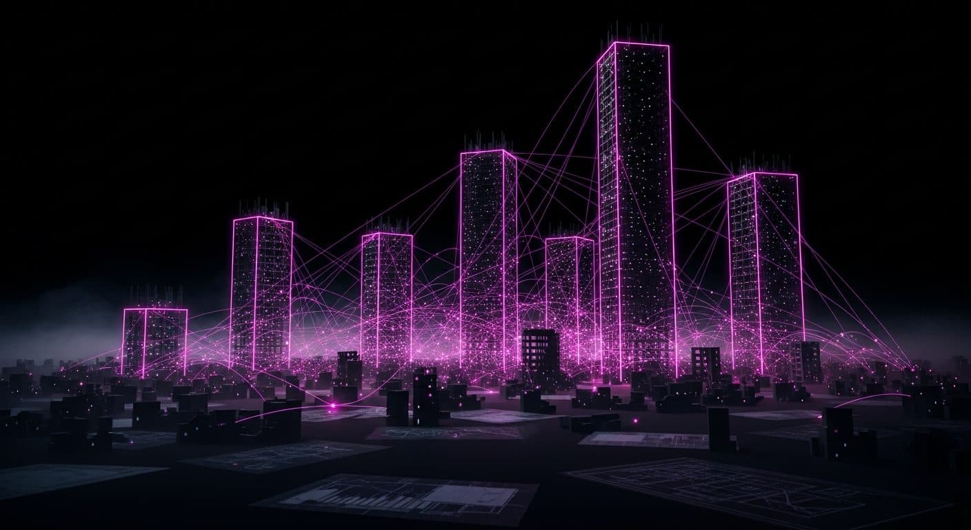 Money and deals flowing through a city of construction towers - the construction arbitrage model visualised