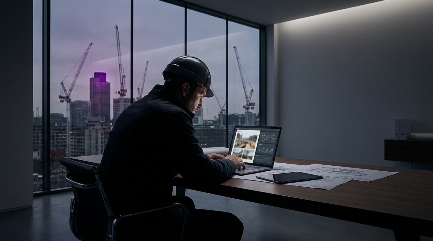 A construction operator reviewing live job dashboards and site photos on a laptop at a clean home desk while multiple projects run independently