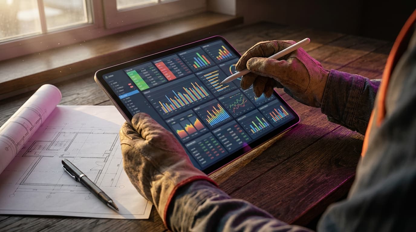 Contractor reviewing a financial summary with a calculator and job cost sheets on a desk, focused on profit figures