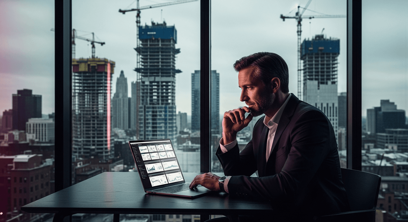 A construction operator reviewing project dashboards on a laptop at a minimal desk while job sites run independently in the background