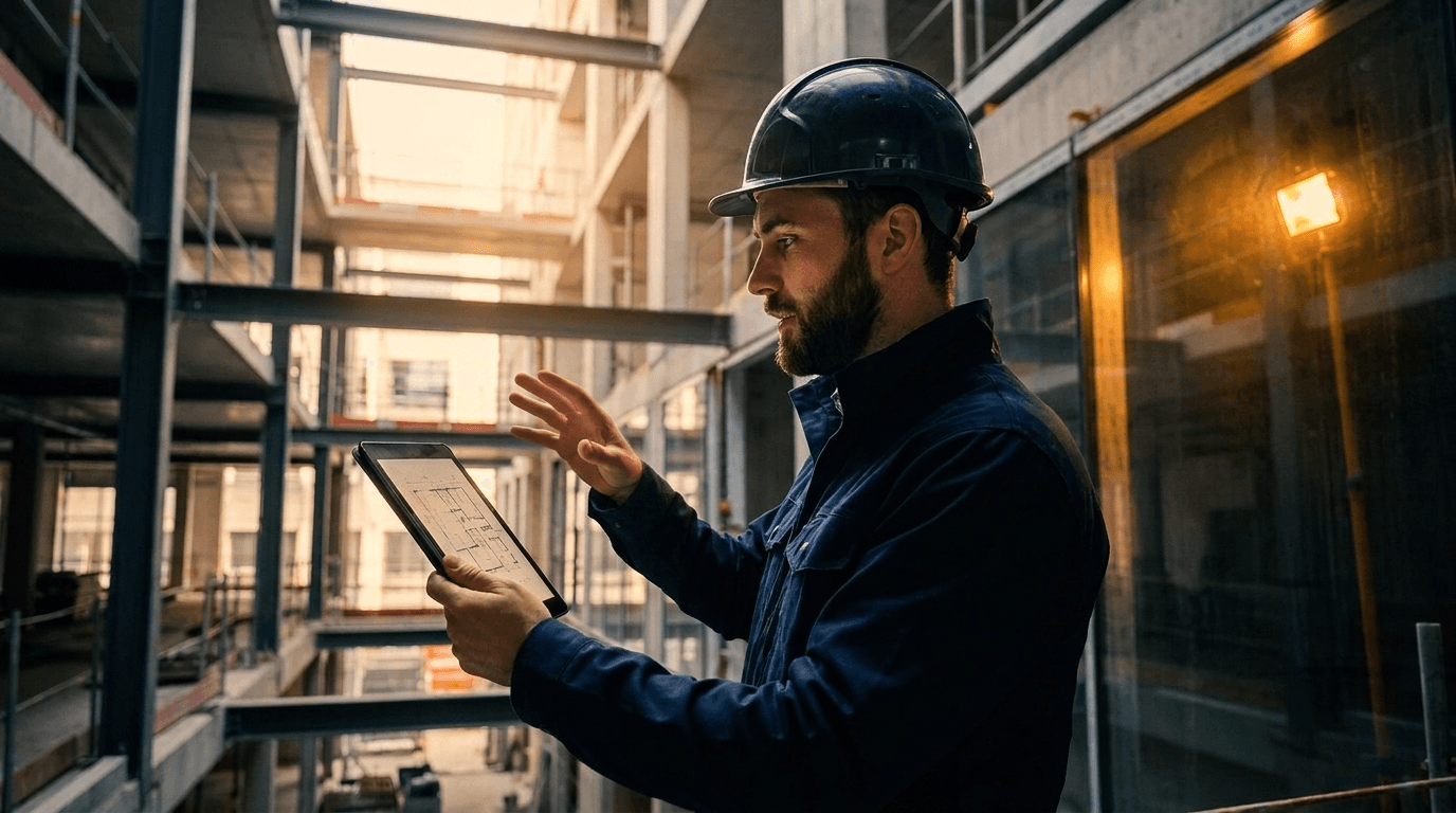 New general contractor in a hard hat reviewing plans on a construction site, ready to win first clients