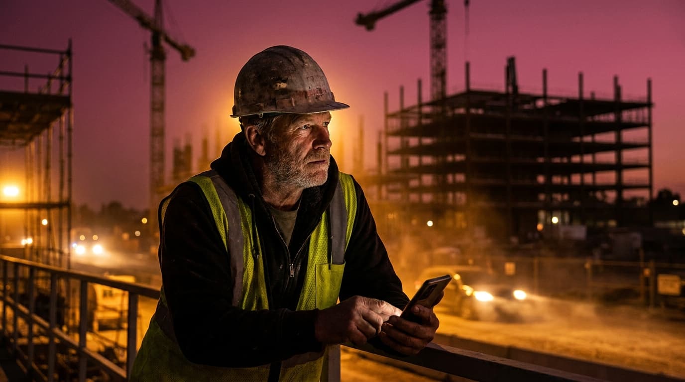 A general contractor reviewing job enquiries on a phone outside a busy construction site