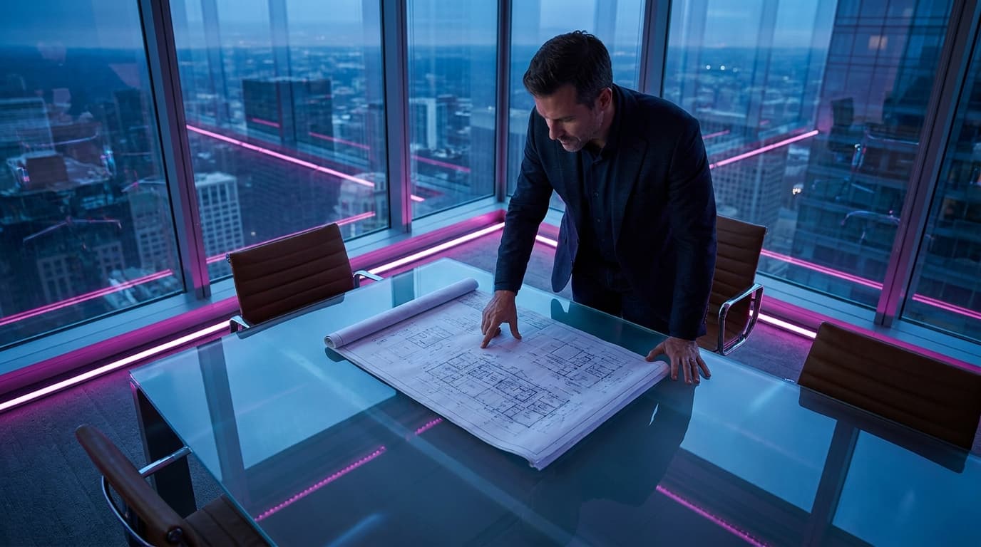 A general contractor reviewing architectural blueprints with a commercial property developer in a modern office building lobby