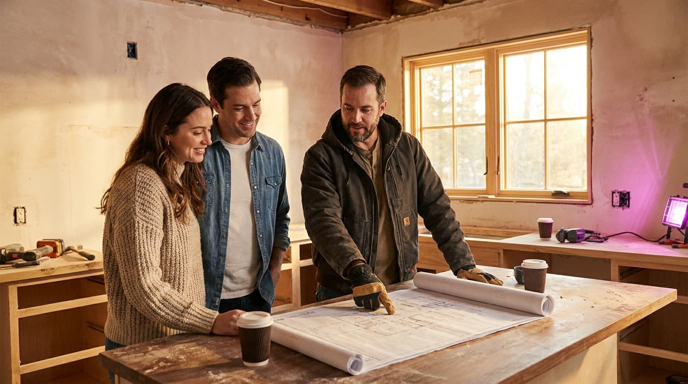 A general contractor reviewing renovation blueprints with a homeowner in a bright modern kitchen mid-renovation