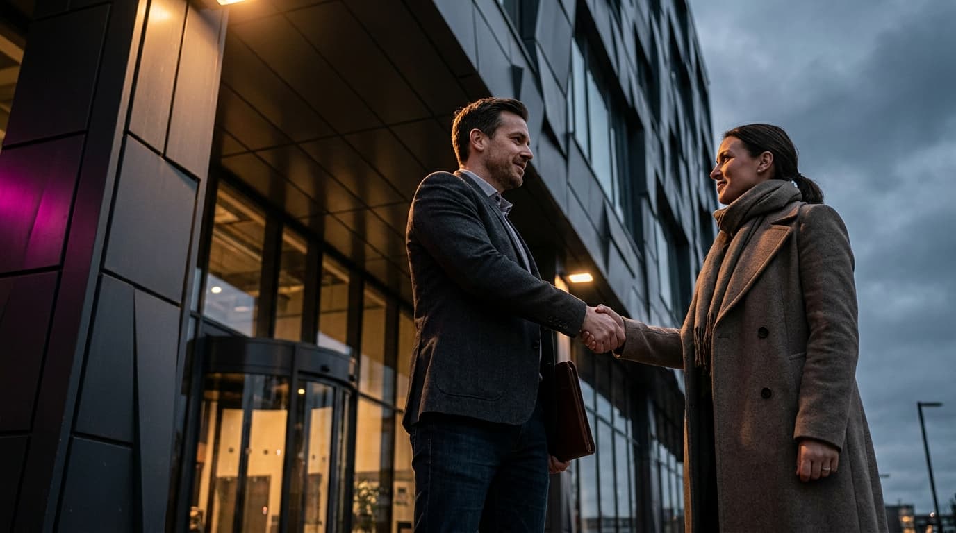 Confident contractor shaking hands with a property owner outside a building site - landing the first client