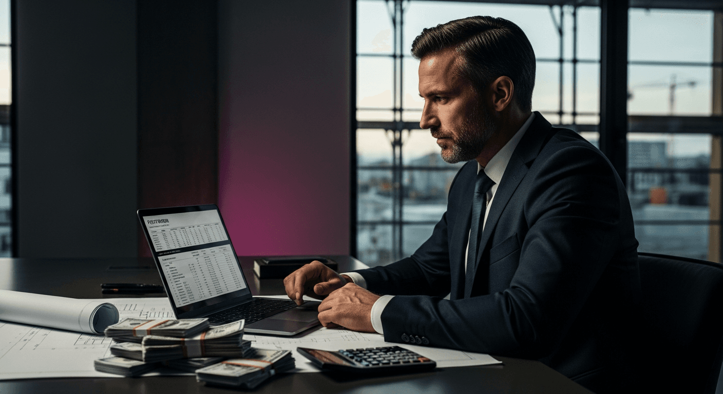 General contractor reviewing profit figures on a laptop in a modern site office - making more without doing more