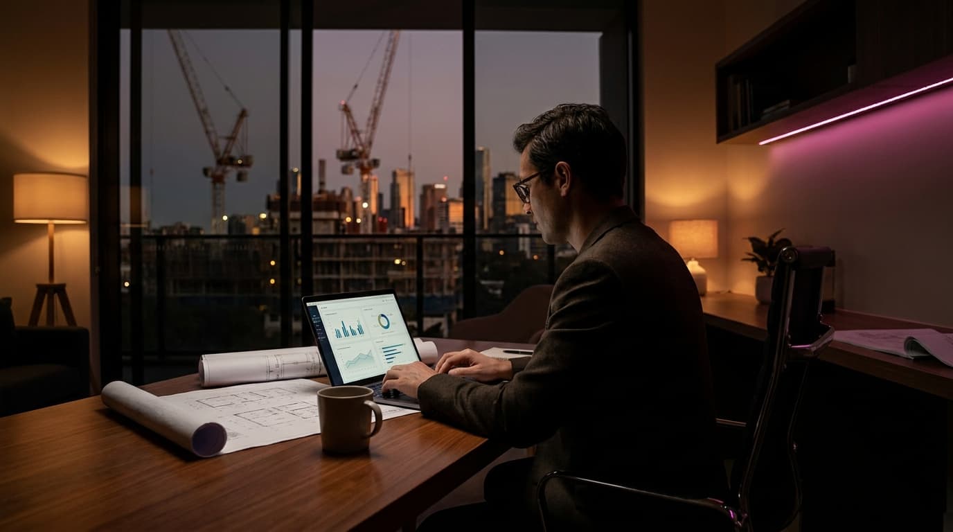 A general contractor reviewing live job dashboards on a laptop from a quiet home office while construction sites run independently