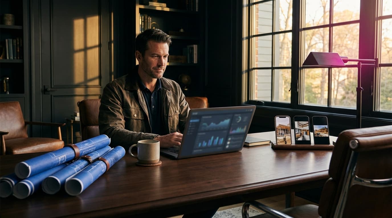 A construction operator reviewing job reports on a laptop at a home office desk, blueprints and a coffee visible, golden afternoon light