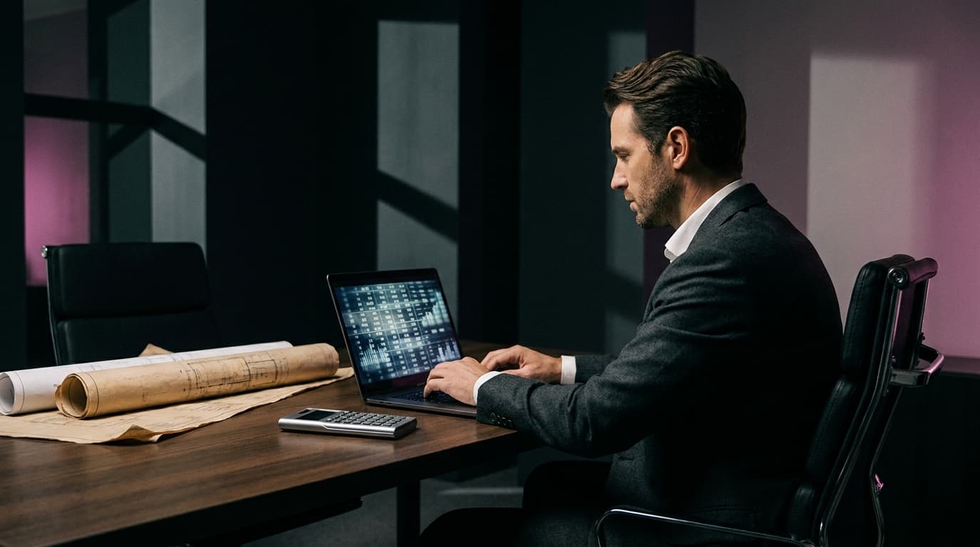 A contractor reviewing monthly costs on a laptop at a construction site desk with blueprints and a calculator