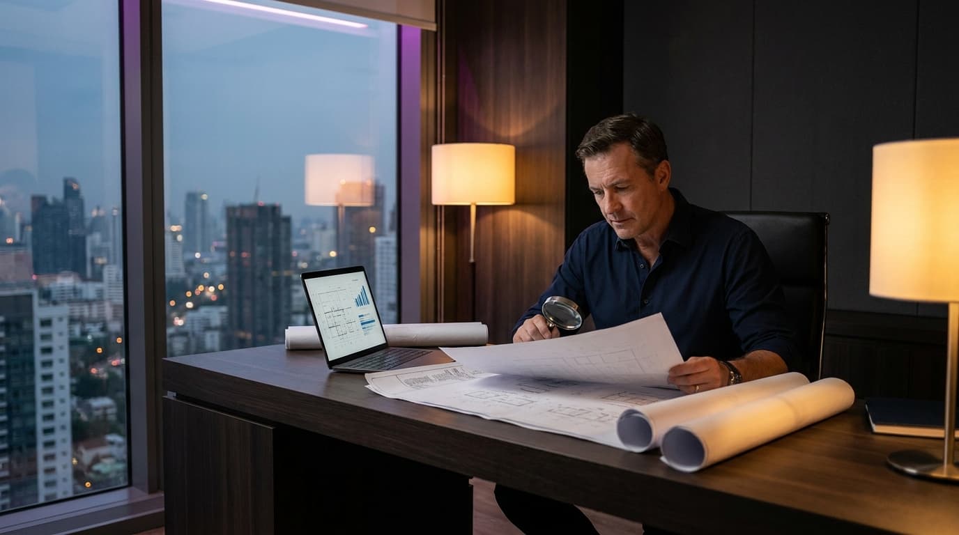 A general contractor reviewing job plans on a laptop at a clean desk, far from the construction site - running the business remotely