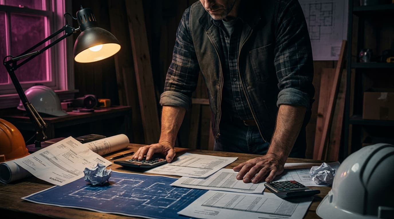 A contractor reviewing job cost sheets and financial reports at a construction site office desk - stopping money loss on construction jobs