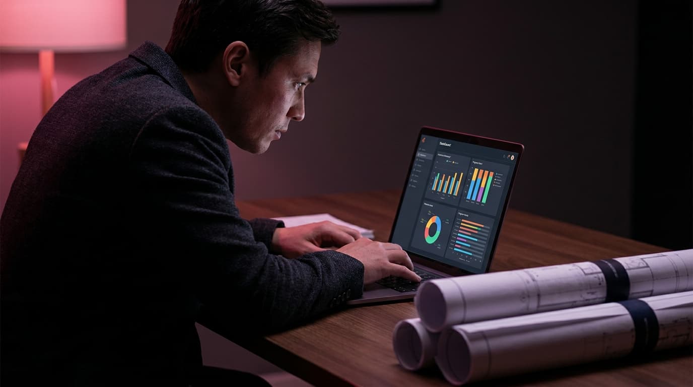 A construction operator reviewing live job dashboards on a laptop at a minimal desk while multiple sites run independently