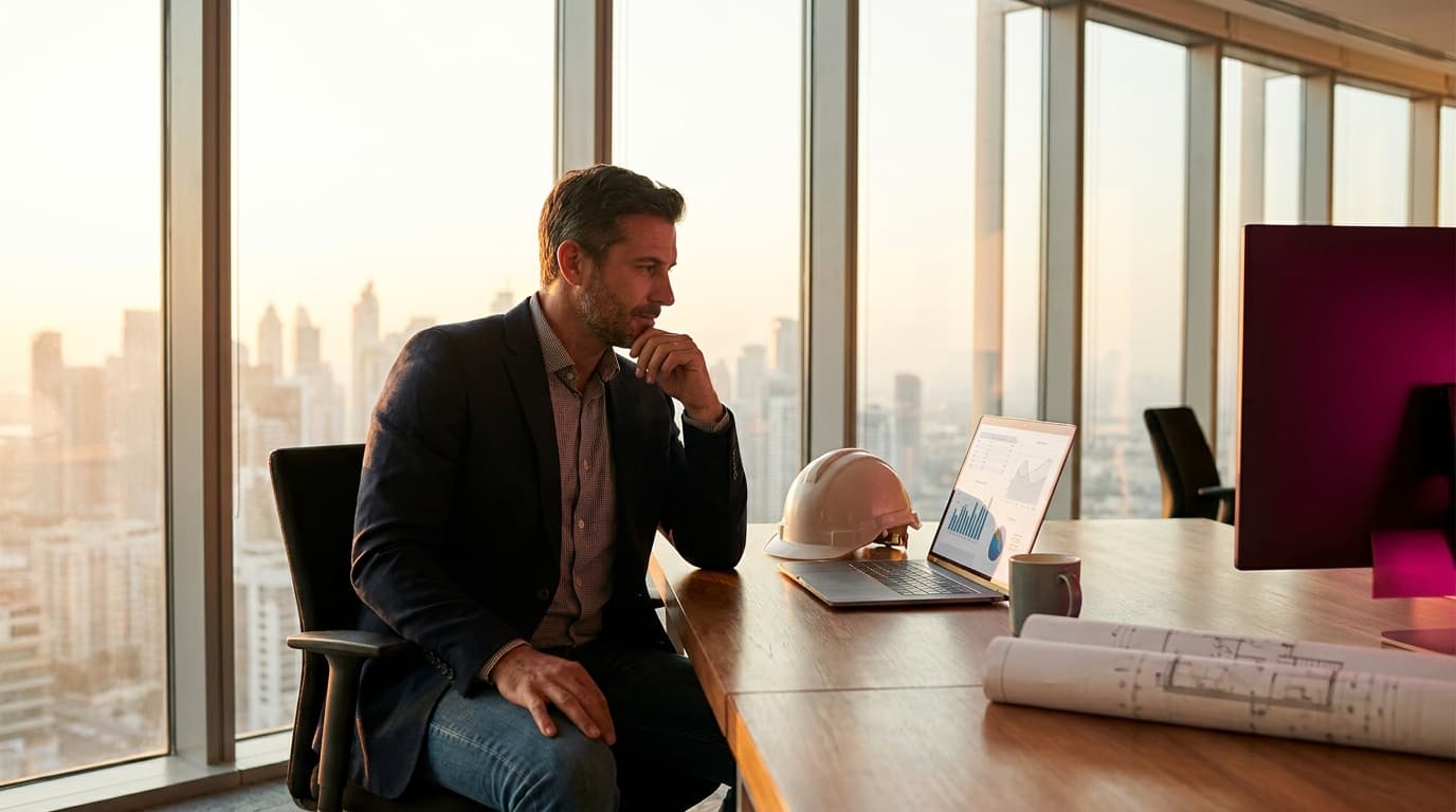 A confident construction operator reviewing project financials on a laptop at a clean desk, bright modern office, city skyline visible through the window