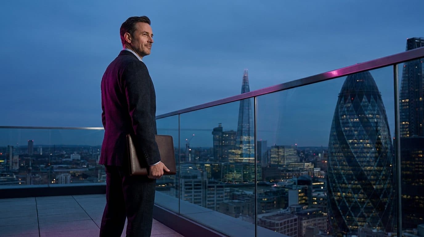 A successful construction operator overlooking the London skyline at dusk