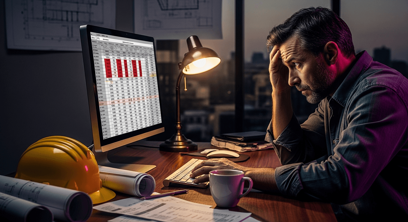 A contractor sitting at a desk staring at a financial spreadsheet showing thin profit margins, surrounded by construction blueprints