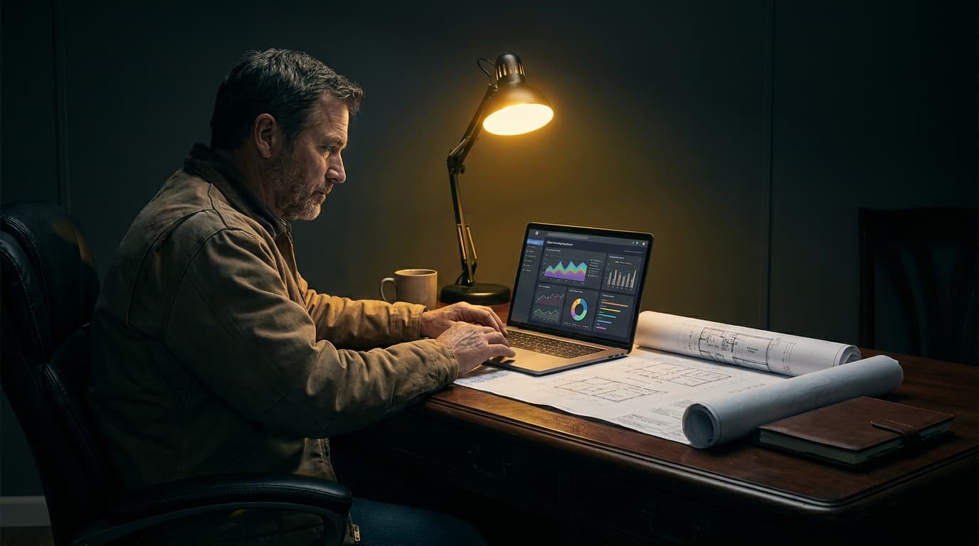 A general contractor reviewing a Google Ads dashboard on a laptop at a dark editorial desk with golden accent light and construction plans