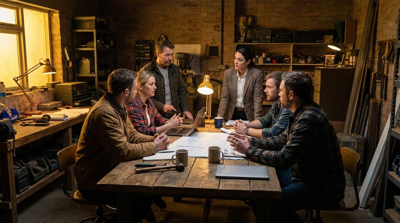 A small group of builders and business owners around a table in a workshop office under warm golden light.