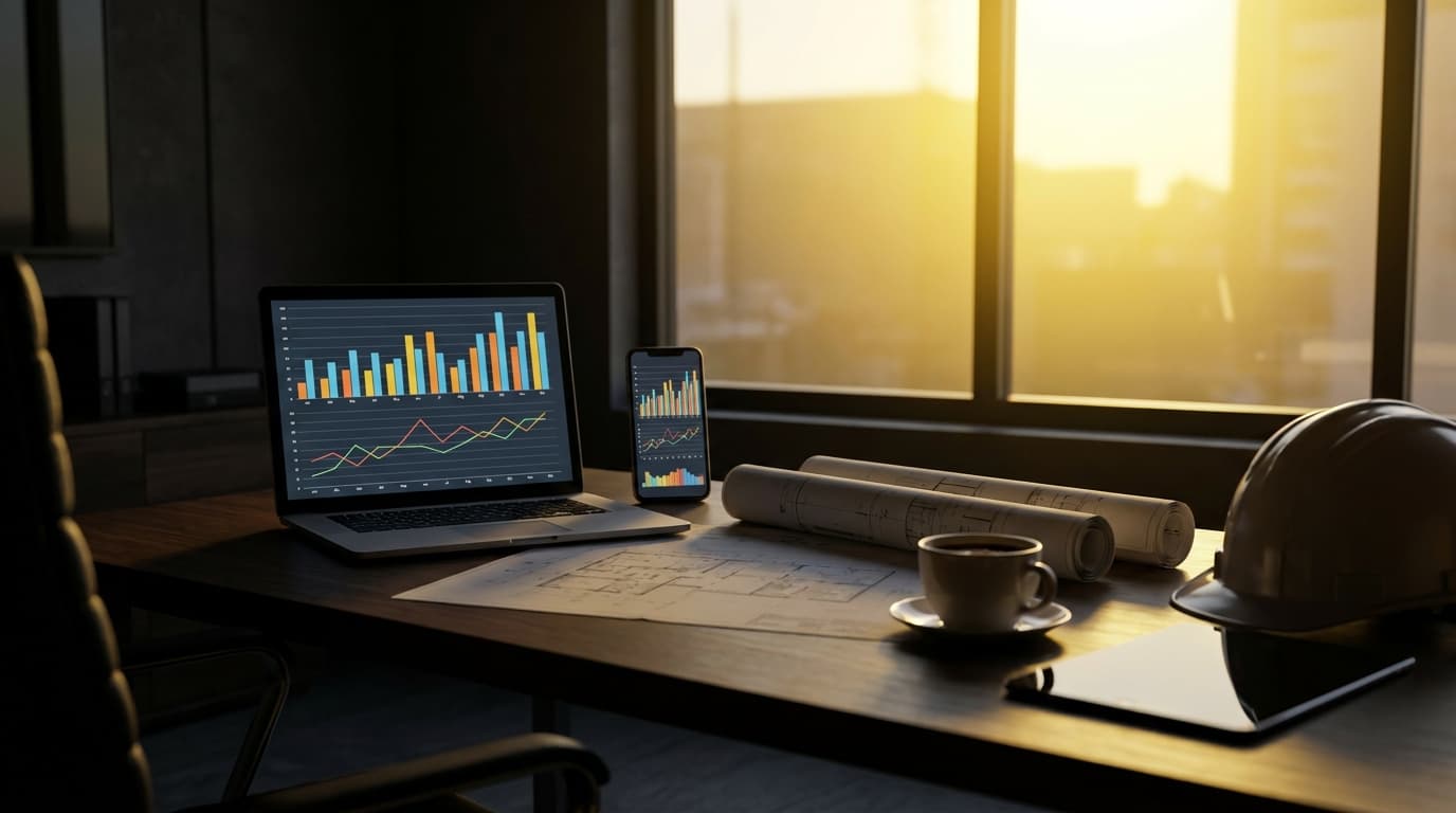 Contractor reviewing marketing analytics on a phone at a construction site office desk, golden light
