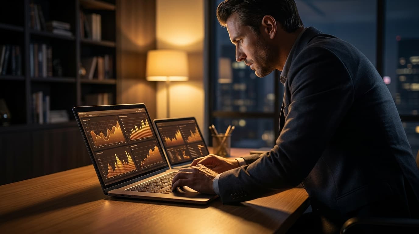 Contractor reviewing ad campaign dashboards on a laptop at a dark premium workstation with golden light
