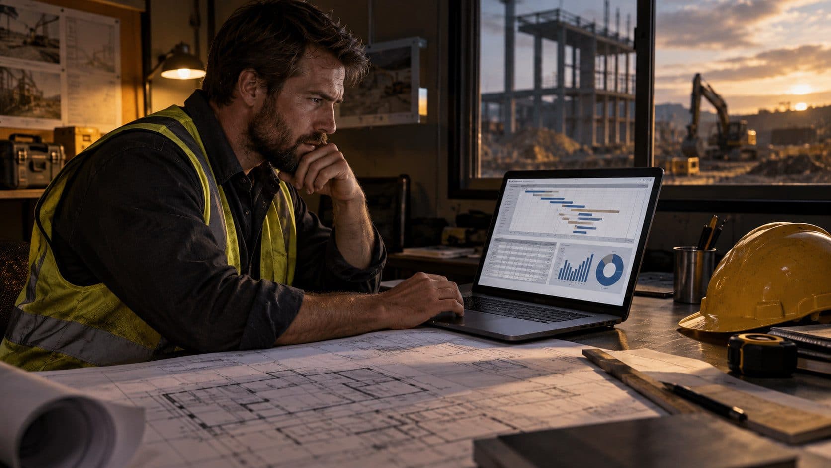 A construction operator reviewing project schedules and invoices on a laptop at a site office desk, blueprints and a hard hat beside them