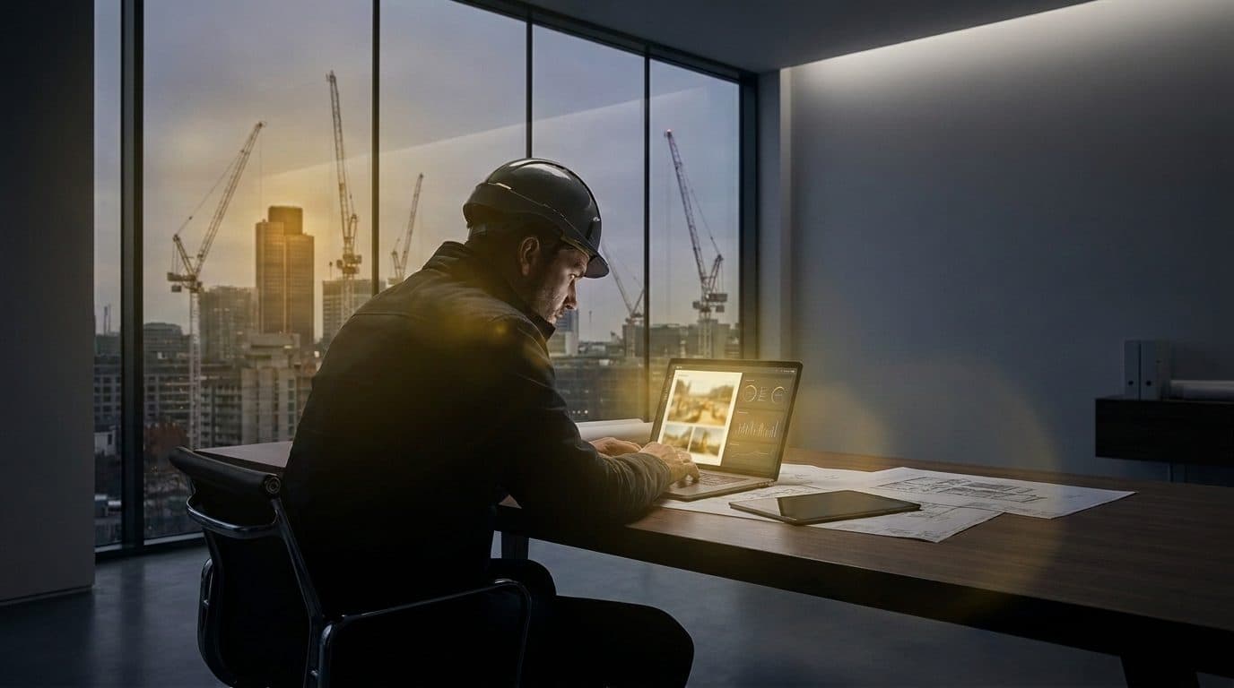 A construction operator reviewing live job dashboards and site photos on a laptop at a clean home desk while multiple projects run independently
