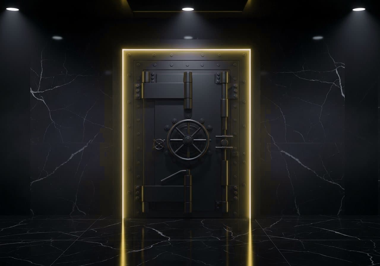 A matte-black vault door in a private members room