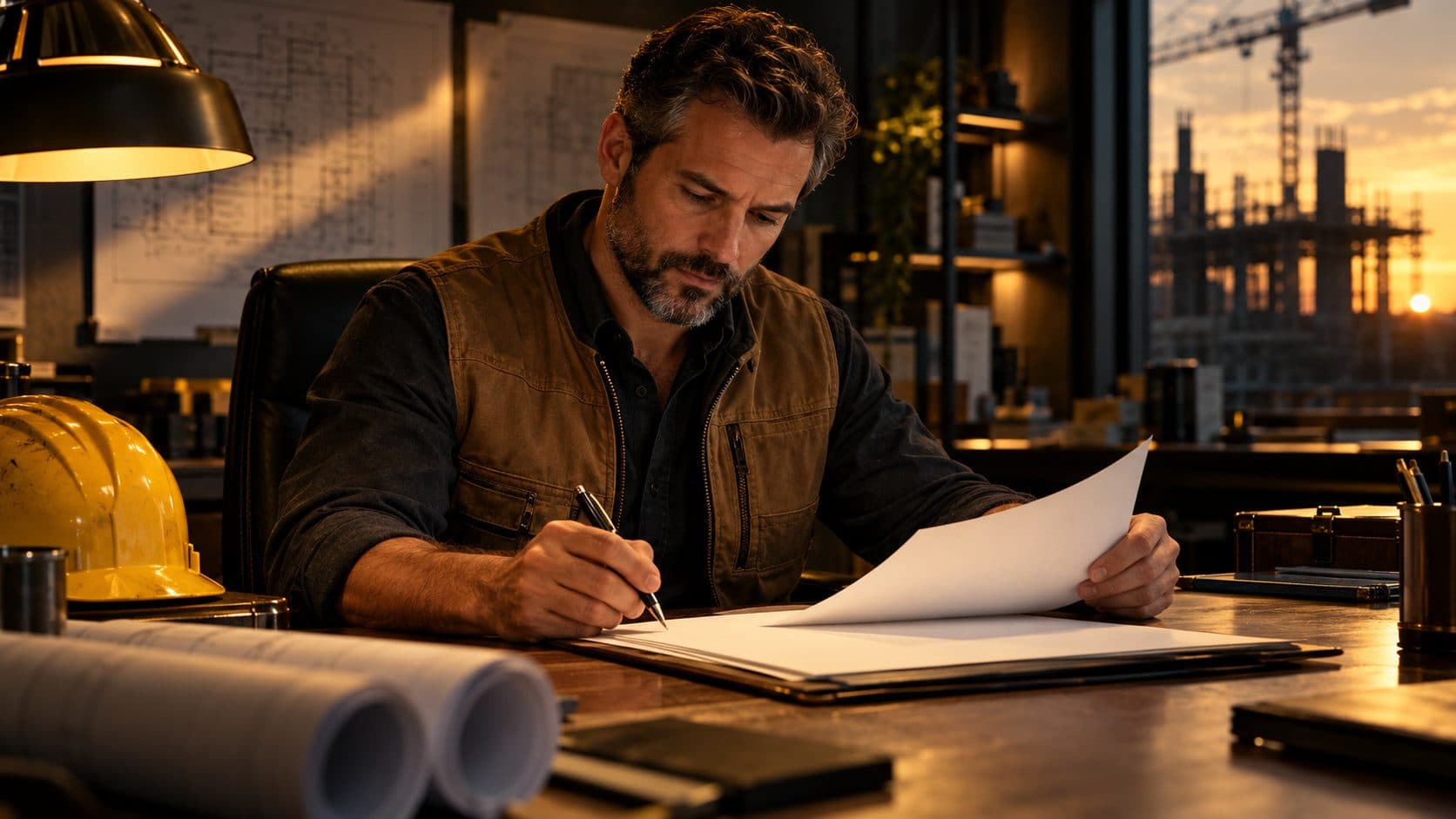 General contractor sitting at a site office desk reviewing a contract, golden editorial light, dark premium editorial look