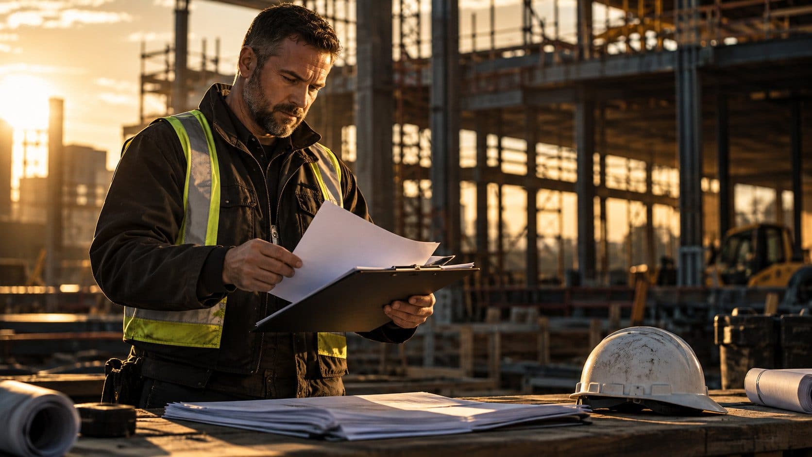 General contractor reviewing insurance documents on a construction site - golden morning light, dark editorial look