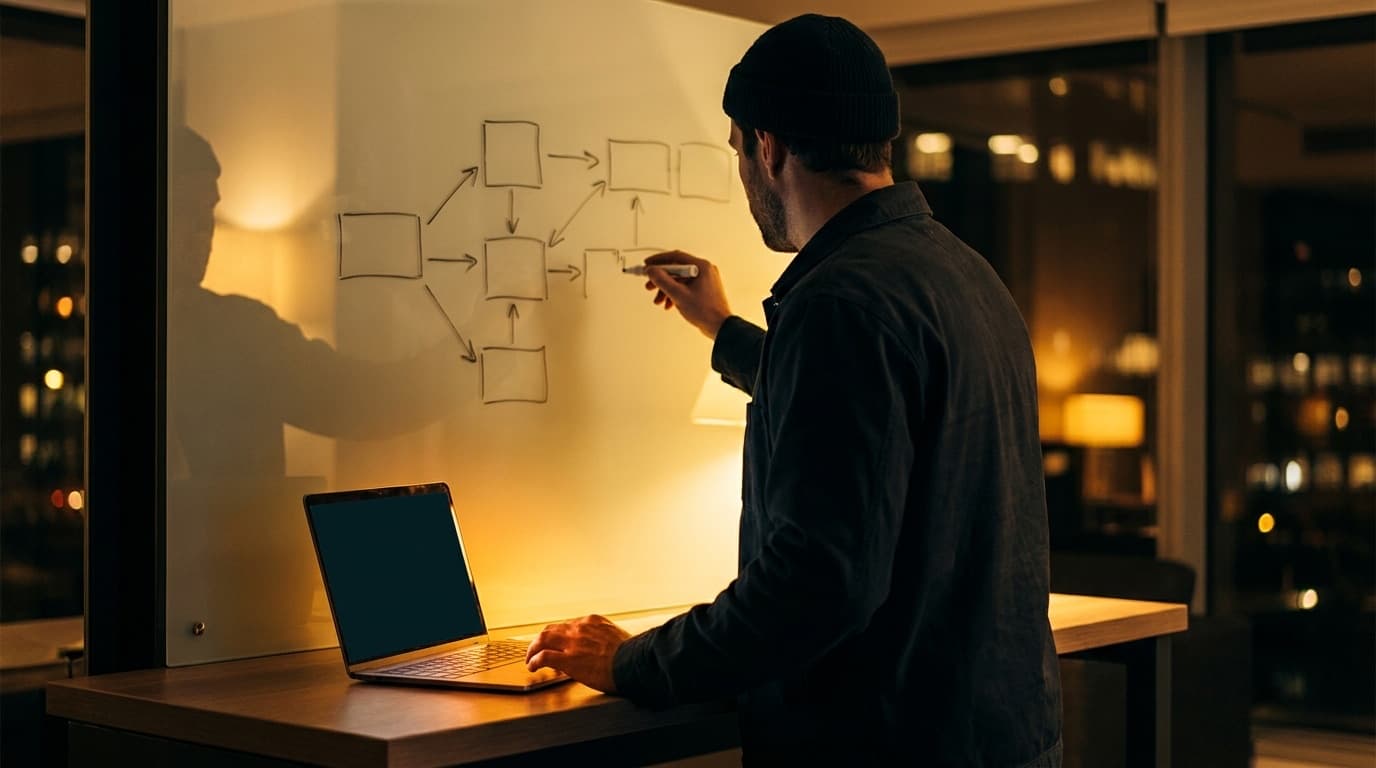 Contractor mapping lead channels on a glass board in a dark office, enquiry list glowing on a laptop, warm golden-yellow accent lighting, premium editorial mood