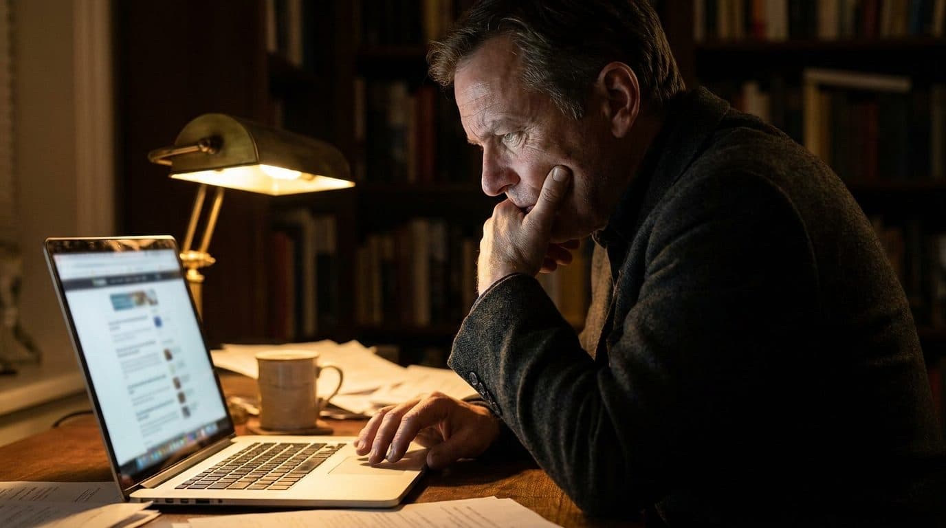 A sceptical man reading forum discussions on a laptop at night, lit by warm golden light.