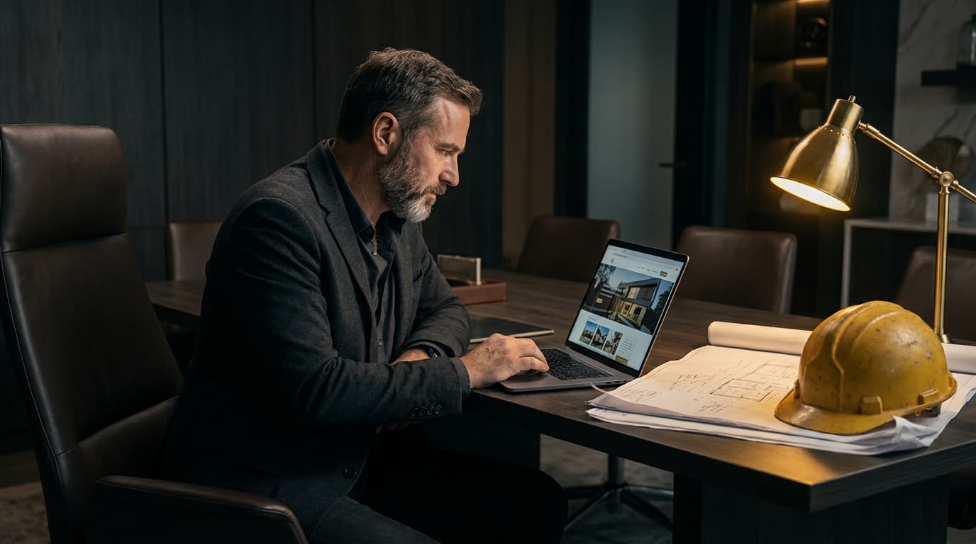 A general contractor reviewing a business website on a laptop in a modern office with golden-hour light through the window