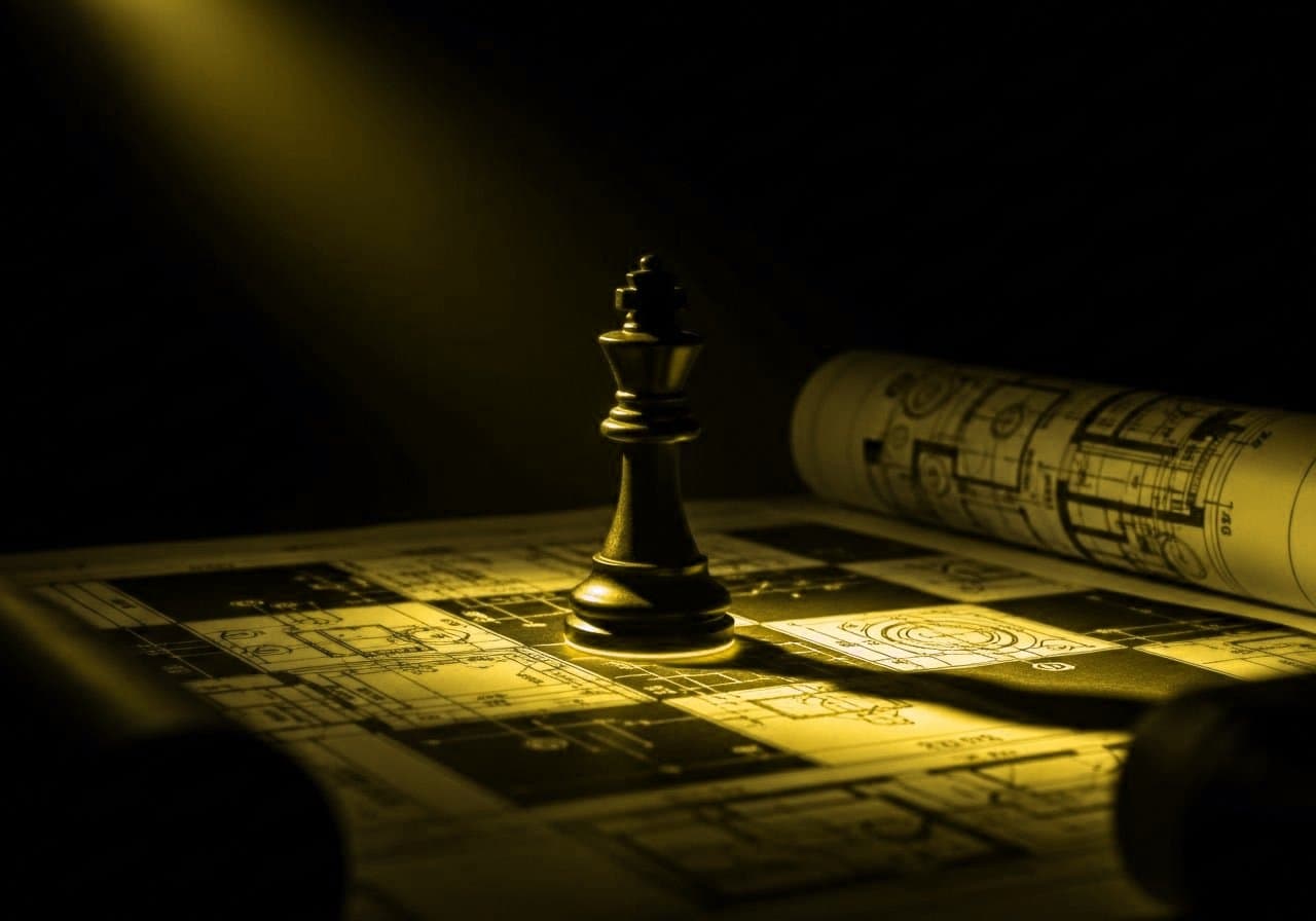 An onyx chess king on architectural blueprints - the value of a construction business