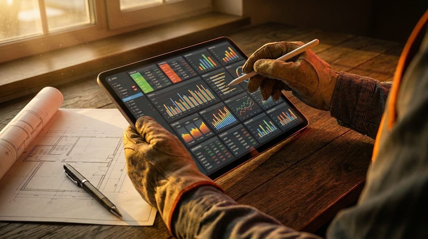 Contractor reviewing a financial summary with a calculator and job cost sheets on a desk, focused on profit figures