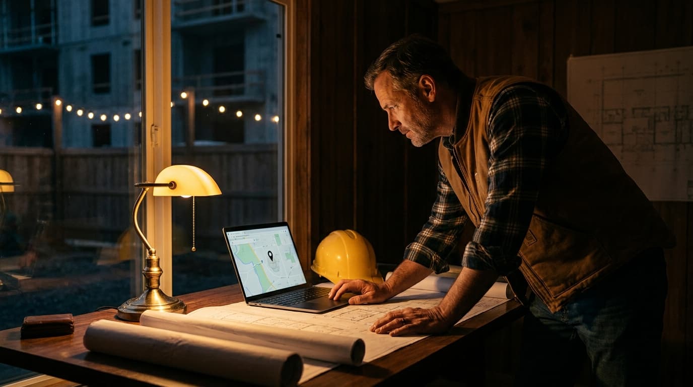 A general contractor reviewing a Google Maps listing on a laptop in a dark site office, warm golden desk lamp illuminating project drawings