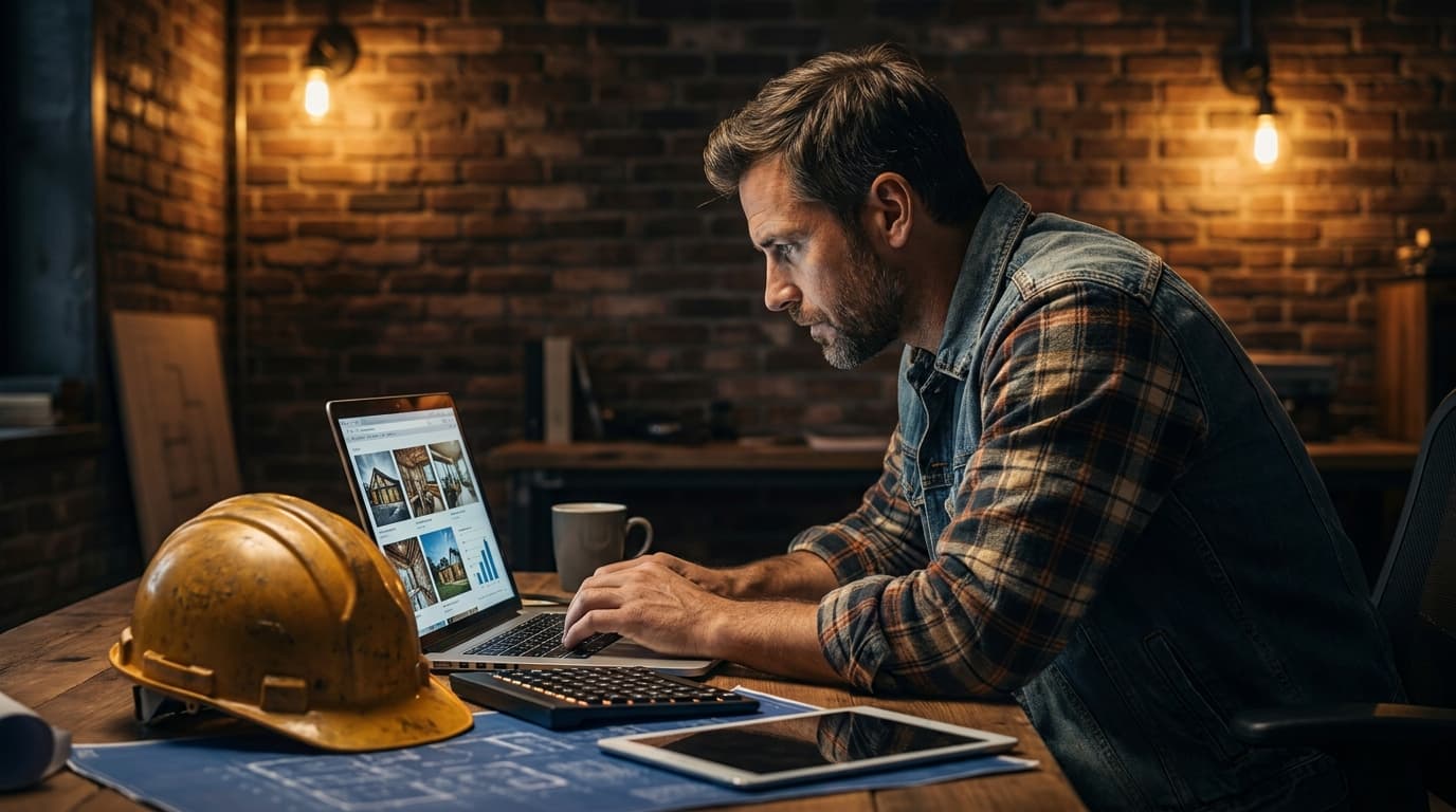 Contractor reviewing digital marketing analytics on a laptop with a golden construction helmet on the desk, dark editorial background with warm amber accent lighting