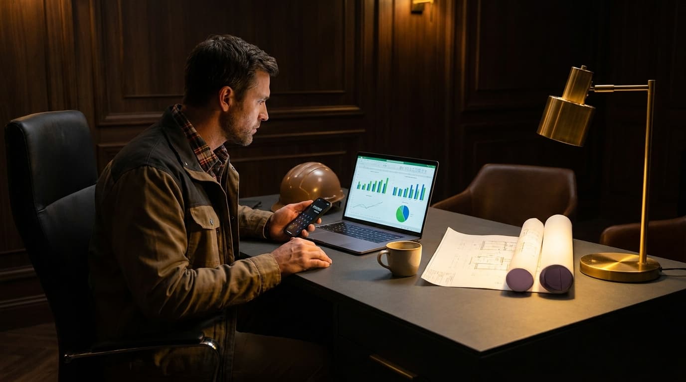 A general contractor reviewing ad spend on a laptop at a dark editorial desk, golden light illuminating construction blueprints and a phone showing campaign metrics