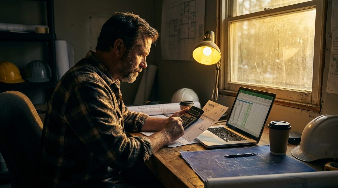 A contractor at a site office desk working out subcontractor payments with a calculator, an invoice and a laptop in early morning light