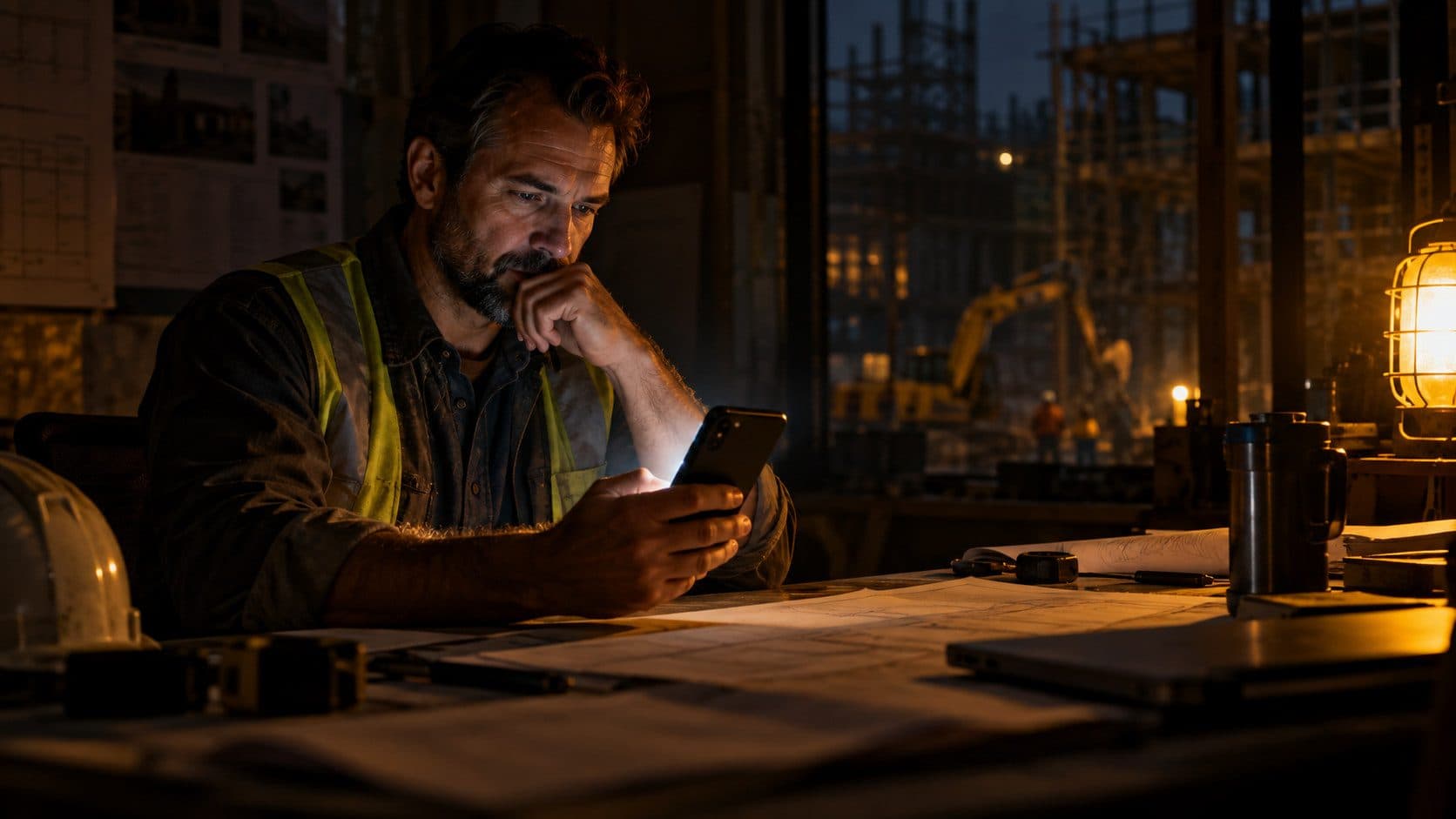 A general contractor on a completed building site holding a phone, golden-yellow afternoon light, premium dark editorial look