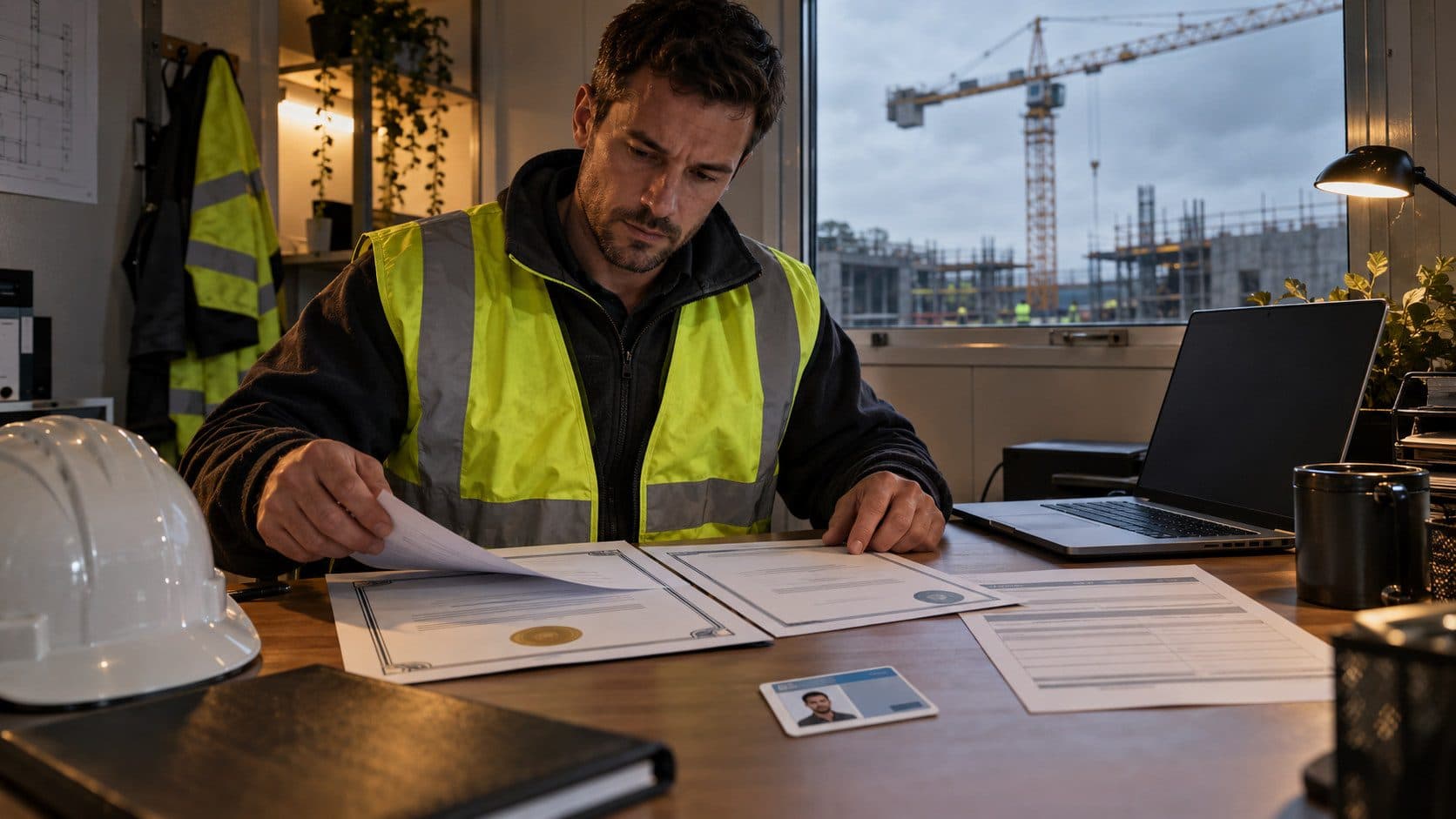 A UK subcontractor in a hi-vis vest at a site cabin desk sorting insurance certificates, a CSCS card and a pre-qualification form, with a tower crane outside the window