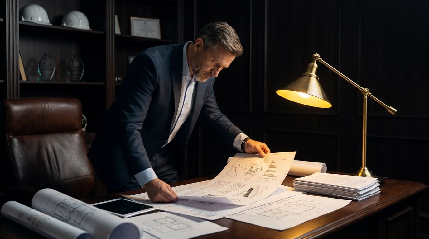 A general contractor reviewing detailed blueprints at a desk under warm golden editorial light