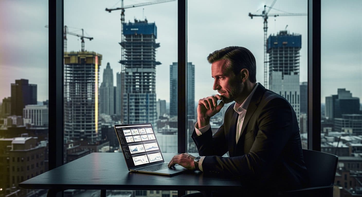 A construction operator reviewing project dashboards on a laptop at a minimal desk while job sites run independently in the background
