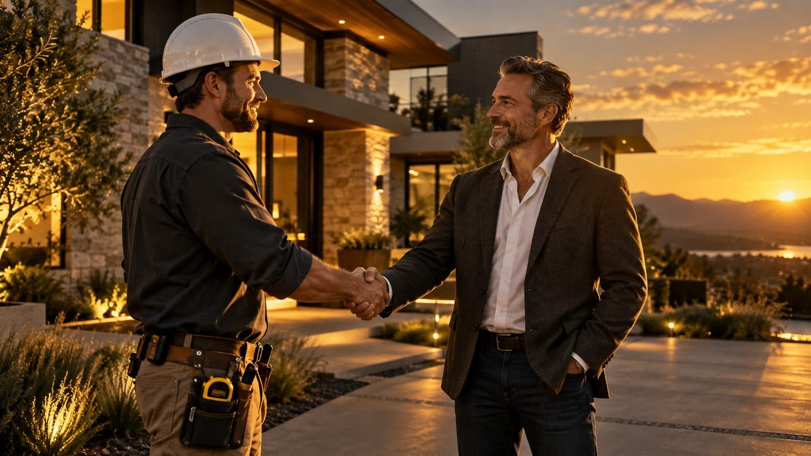 A general contractor shaking hands with a satisfied client outside a newly completed building - the moment a referral is born