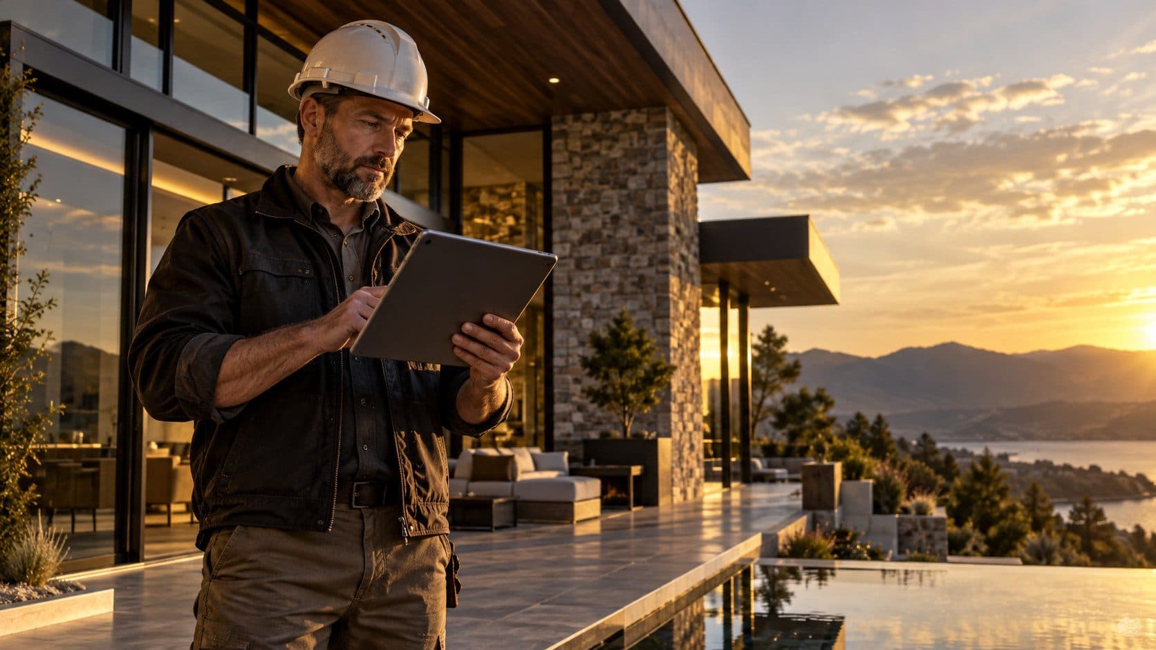 A general contractor reviewing a completed project on a tablet with golden-yellow afternoon light, dark premium editorial look