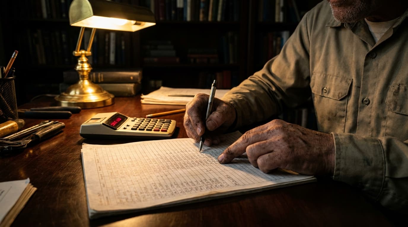 Contractor's hands on a detailed cost breakdown sheet with golden workshop light illuminating the numbers