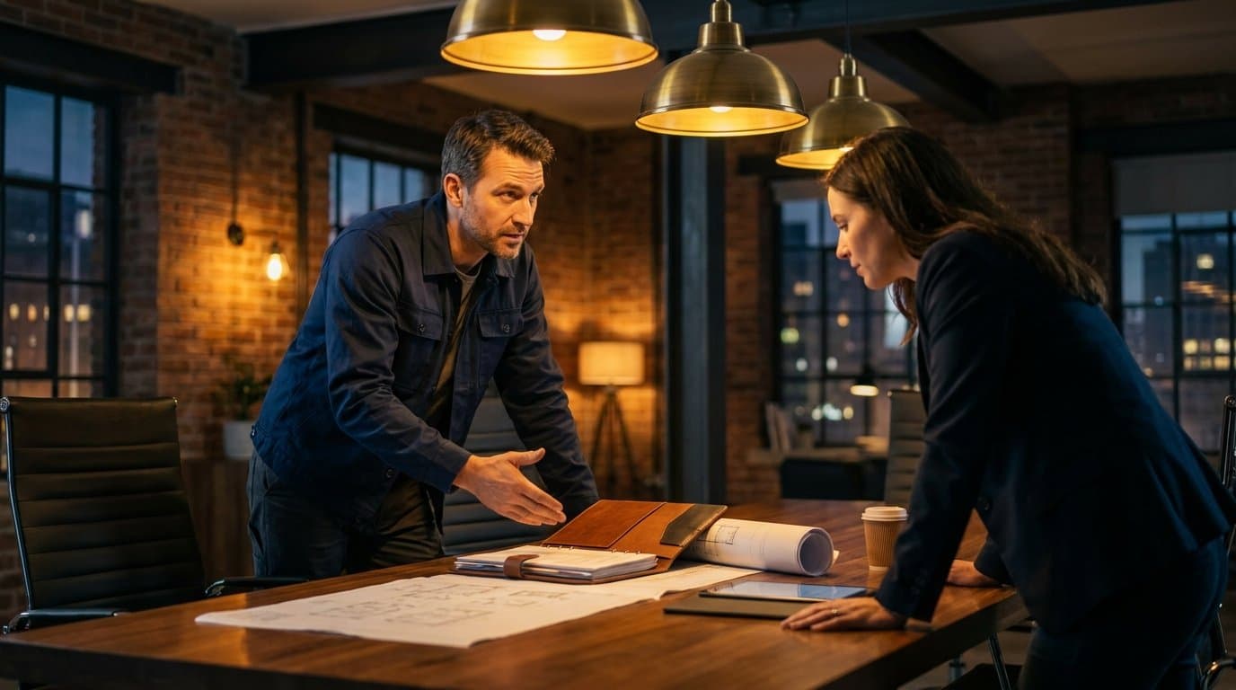 A contractor reviewing a high-value project quote at a construction site under warm golden light