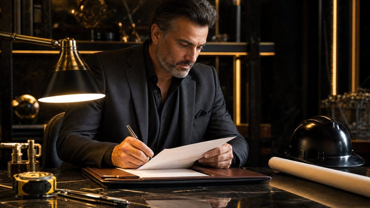 General contractor reviewing a signed contract document on a dark office desk, golden editorial light, professional and composed