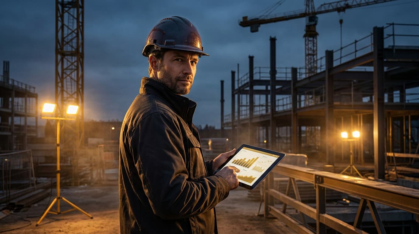 A construction business operator reviewing revenue projections and project plans at a premium commercial site - doubling construction revenue through strategy not extra hours