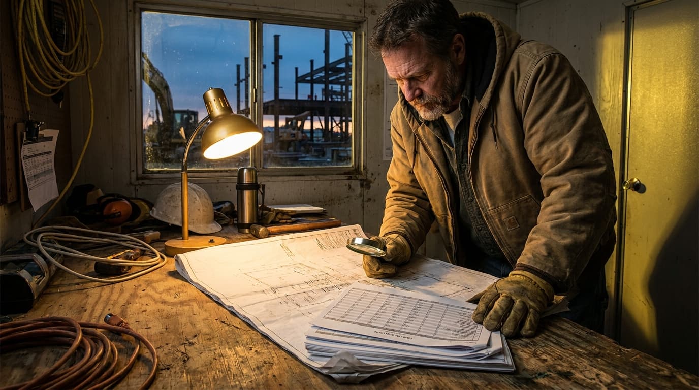 A general contractor reviewing detailed blueprints and cost sheets under warm golden work-light at a job site office