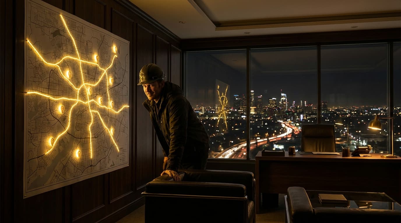 A construction operator reviewing a city map and project plans - expanding a construction business into new territories