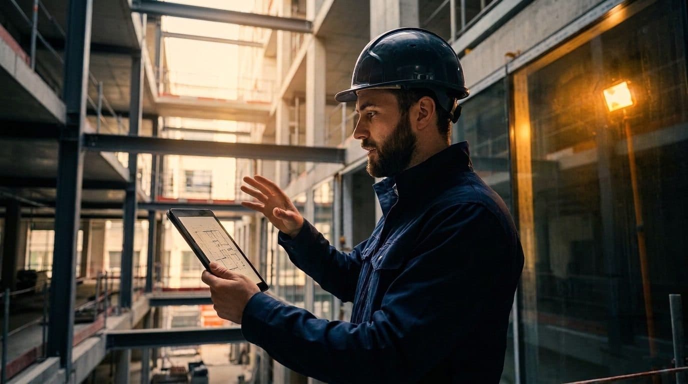 New general contractor in a hard hat reviewing plans on a construction site, ready to win first clients